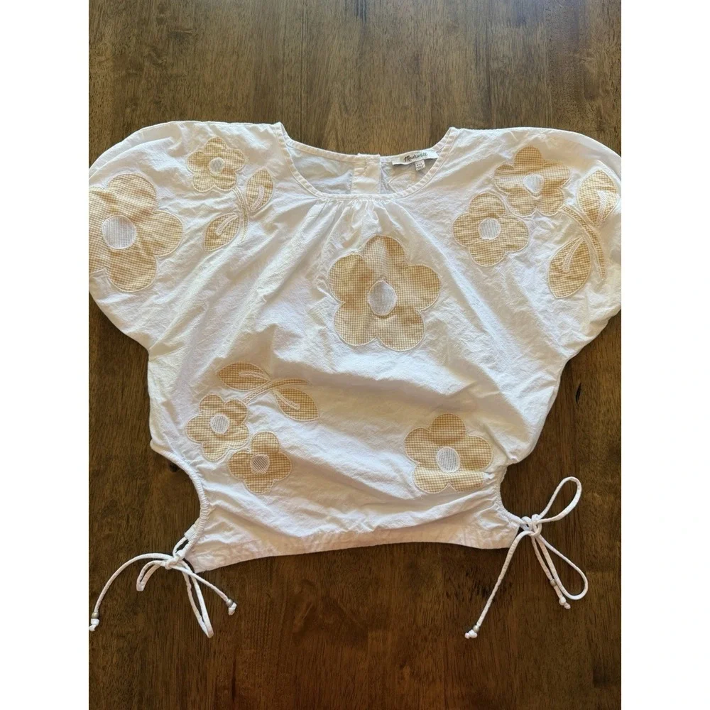 Madewell Gingham Floral Applique Puff Sleeve Drawstring Top White Yellow XXS